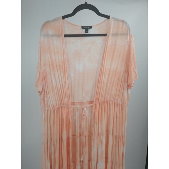 Torrid Kimono 2X Tie Dye Clip Dot Tiered Tie Front Short Sleeve Cover Up Peach - Picture 7 of 13
